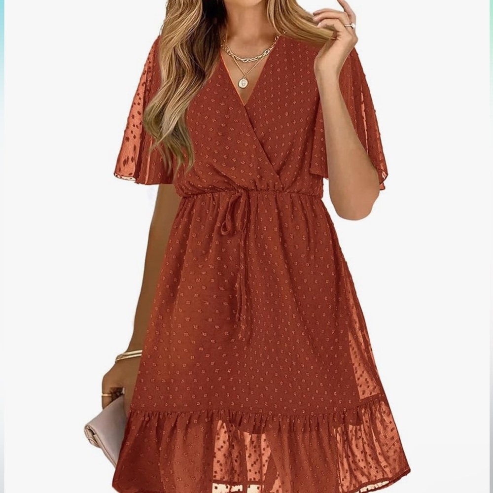 Brown Casual Short Sleeve V Neck Ruffle High Waist Flowy Mini Dress with Belt